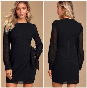 Lulus Much Love Black Swiss Dot Long Sleeve Tie-Front Mini Dress